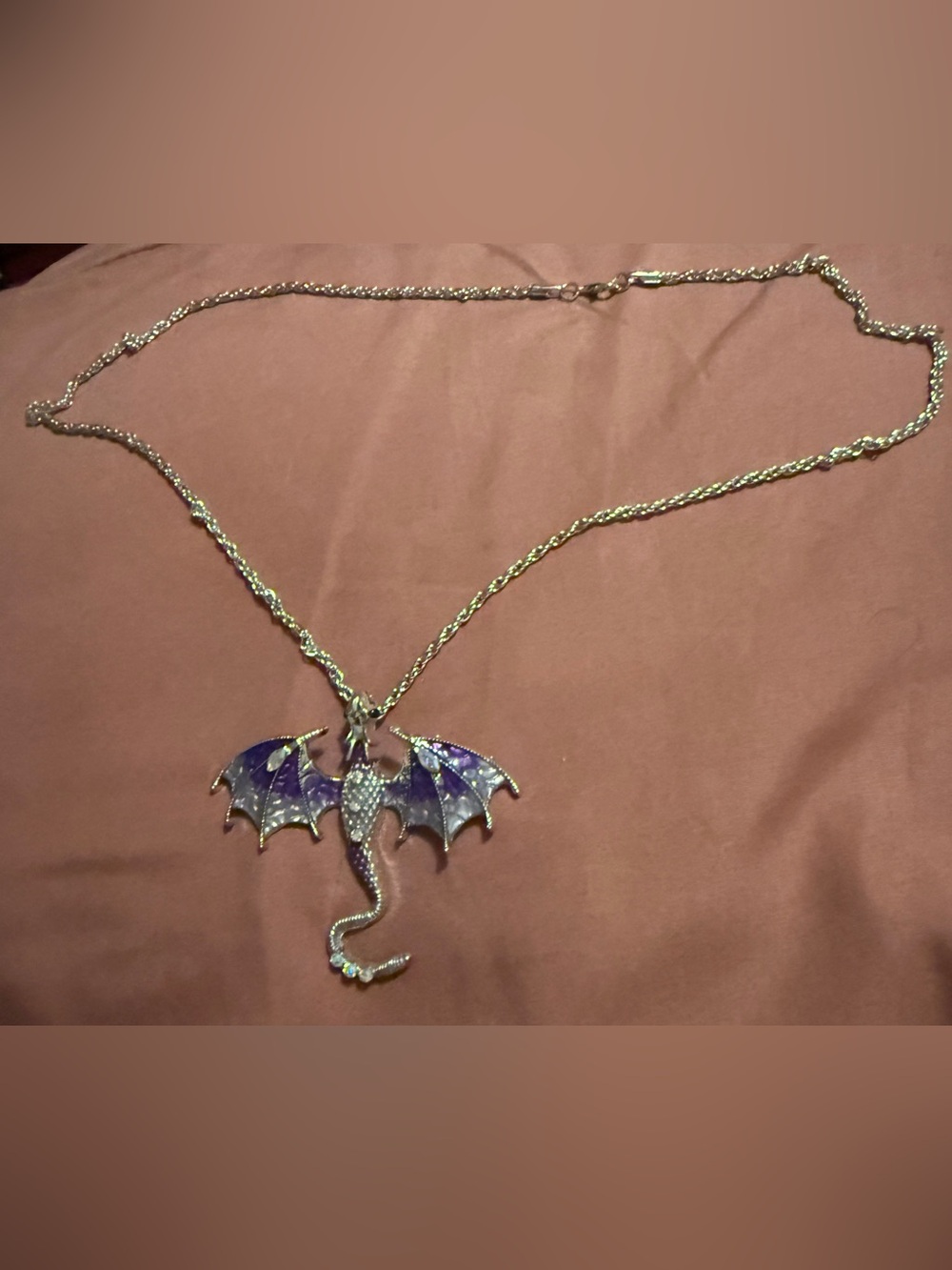 Silver Dragon Pendant Necklace with Purple Wings